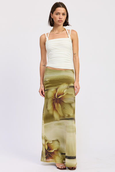 Floral & Flow Mesh Maxi Skirt (Green)