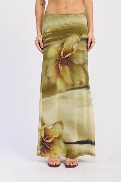 Floral & Flow Mesh Maxi Skirt (Green)
