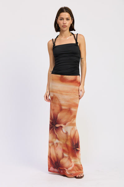 Floral & Flow Mesh Maxi Skirt (Rust)