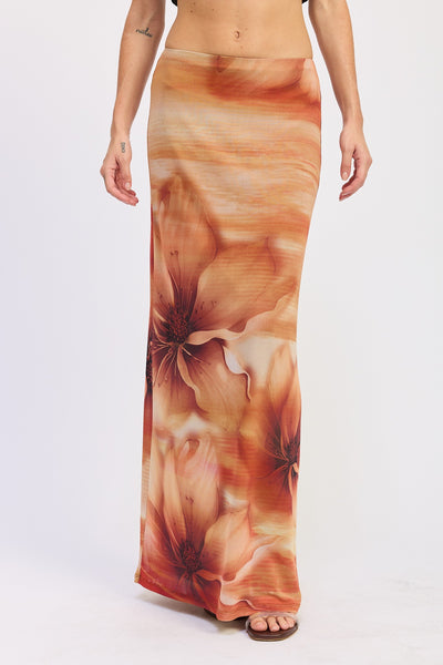 Floral & Flow Mesh Maxi Skirt (Rust)