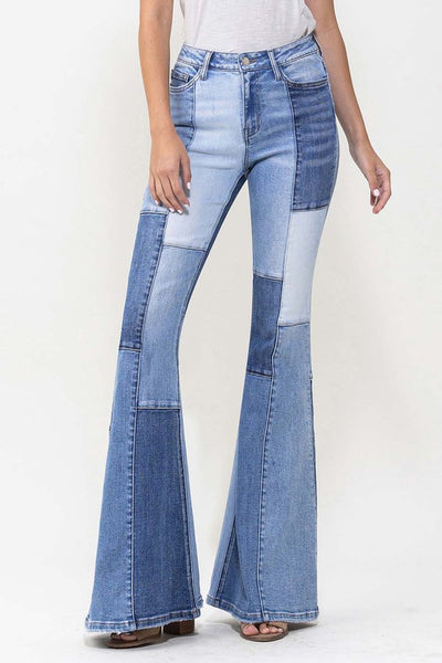 Patchwork Stretch Flare Jeans
